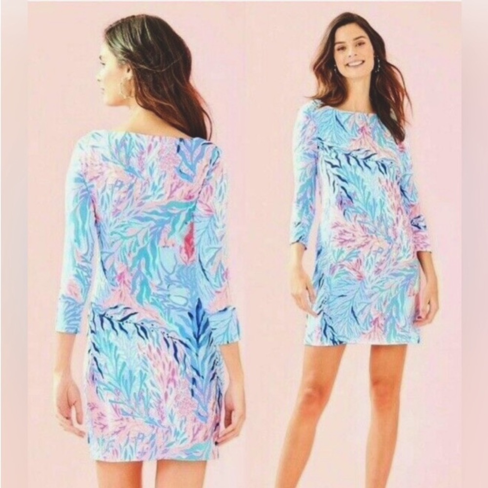 Lilly Pulitzer UPF 50+ Crew Blue Tint Kaleidoscope Coral Sophie Shift Dress S